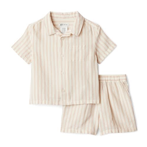 Amazon Essentials x Sofia Grainge Toddlers and Baby Boys' Cotton Linen Short Sleeve Shirt & Shorts Play Set