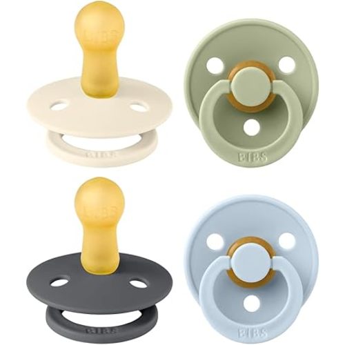 BIBS Colour Soother 4-Pack | BPA Free Dummy Pacifier | Round Nipple | Natural Rubber Latex | Made in Denmark | Size 6-18 Months | Iron Mix