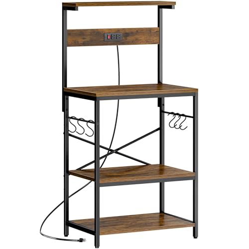 SUPERJARE Kitchen Bakers Rack with Power Outlet, Coffee Bar Table 4 Tiers, Kitchen Microwave Stand with 6 S-shaped Hooks, Storage Shelf Rack for Spices, Pots and Pans - Rustic Brown