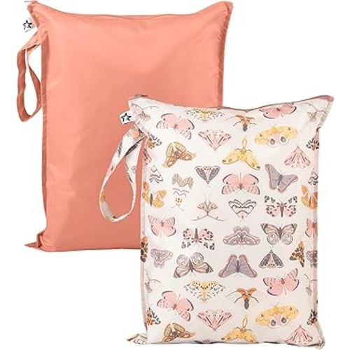 Tiny Twinkle Mess- Proof Waterproof Wet Dry Bag | 2-Packk Reusable Wet Bags for Swimsuits & Baby Clothes | Leakproof Wet Bag for Travel & Diaper Changes for Baby (Flutter)