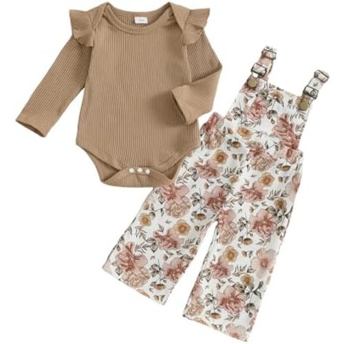 Newborn Baby Girl Fall Outfits Ribbed Long Sleeve Rompers Suspender Overalls Pants Sets Infant 2Pcs Clothes