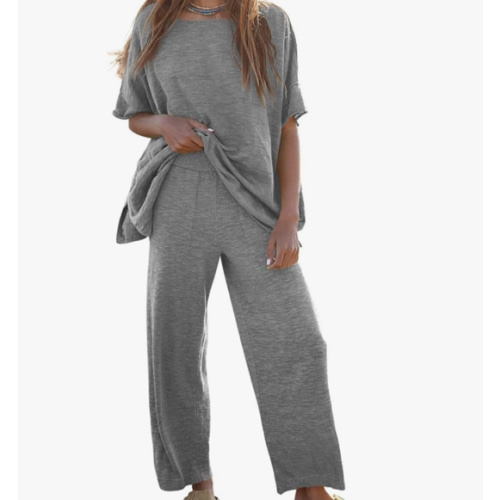 Tankaneo Women's 2 Piece Travel Outfits Casual Short Sleeve Knit Sweater Set Wide Leg Pants Lounge Sets Tracksuit