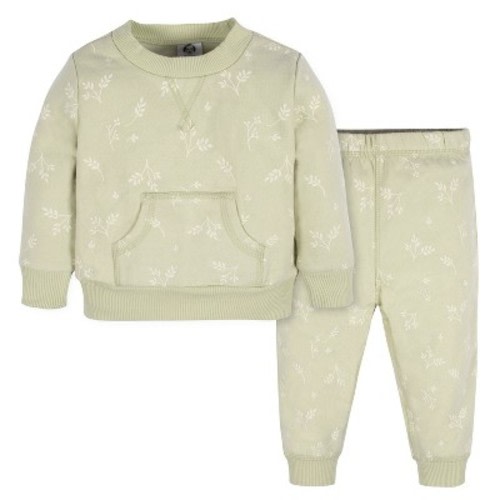 Gerber Baby and Toddler Girls' 2-Piece Sweatshirt & Active Pant Set, Color: Green leaves, Size: 0-3 months