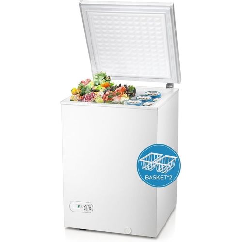 R.W.FLAME Chest Freezer 3.5 Cubic Feet with Removable Baskets*2 and Defrost Water Drain, Deep Freezer, Adjustable Temperature, Energy Saving, Top Open Door Compact Freezer (3.5 Cubic Feet, White)