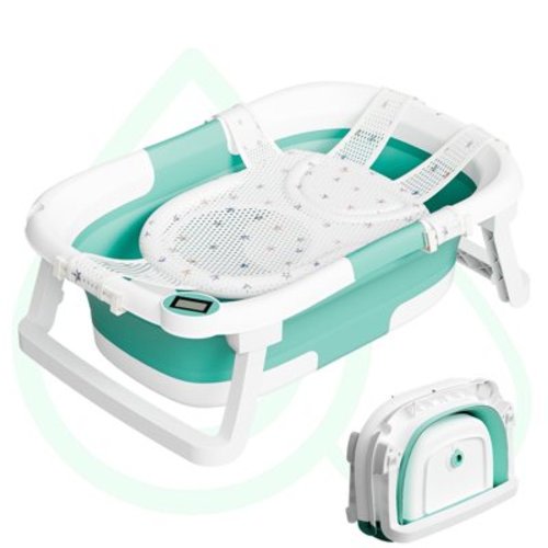 Aprpink Foldable Baby Bathtub PP+TPE with Soft Bath Net&Thermometer for 0-36 Months Toddler Turquoise