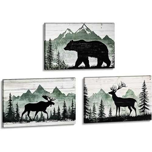 Wildlife Canvas Wall Art 3 Piece Moose Bear Deer Picture Cabin Wall Decor Framed Rustic Hunting Themed Bathroom Decor Mountain Lodge Painting Prints Living Room Office Ready to Hang - 11.00"x14.00"x3P