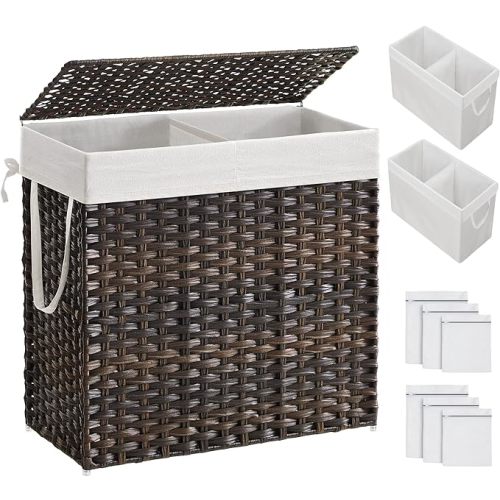 SONGMICS Laundry Hamper with Lid, 130L Double Wicker Basket, 6 Mesh Bags
