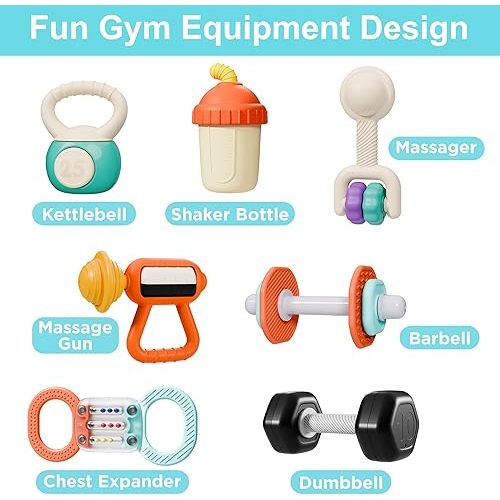 iPlay, iLearn Baby First Gym Rattle Set, Infant Dumbbell Weights Teething Rattles 3-6-12 Month, Newborn Workout Sensory Stroller Toy, Babies Birthday Shower Gift 5 7 8 9 10 Month Toddler Boy Girl-7PCS