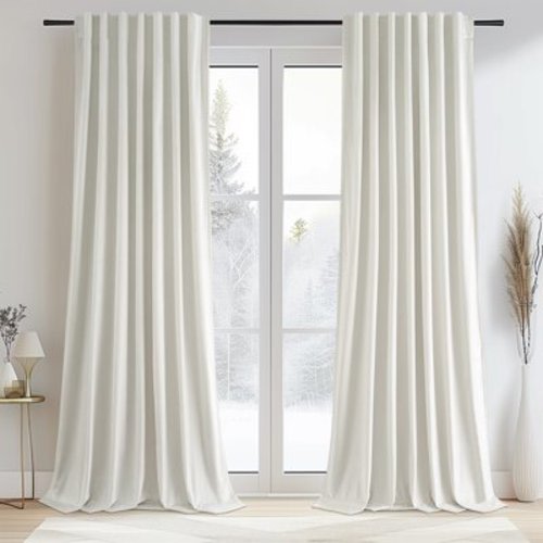 Topfinel 90 Inches Long Cream Velvet Curtains for Bedroom, Back Tab Light Blocking White Curtains with Hooks, Room Darkening Double Sided Drapes,Set of 2