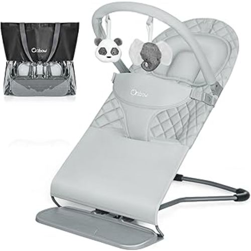 Orzbow Portable Baby Bouncer, Foldable Baby Bouncer Seat with Storage Bag and Removable Play Bar, 3 Recline Positions, 0-12 Months Up to 20lbs, Ergonomic Design, Easy to Wash, Gray