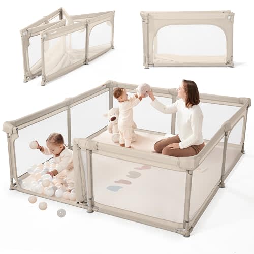 Sweeby Baby Playpen, 59x59 Inch Foldable Playpens for Babies and Toddlers with Gate, Large Playpen with Door Play Yard for Baby Fence Indoor and Outdoor Portable Play Pen, Beige