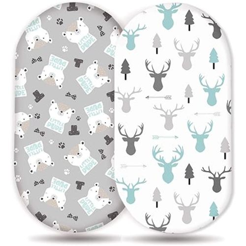 Stretch Ultra Soft Fitted Bassinet Sheet Set 2 Pack, Universal Cradle Sheet Set for Rectangle, Oval, or Hourglass Bassinet Pad/Mattress, Grey Bear Bassinet Sheets for Girls and Boys