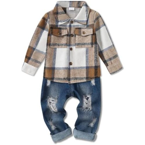 WESIDOM Toddler Baby Girl Boy Clothes Long Sleeve Collar Plaid Shirts Jacket Ribbed Jeans Pants Set Baby Boys Fall Outfit