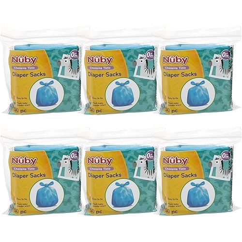 Nuby Diaper Disposal Bags for Baby - (6-Pack) 50 Count Disposable Bags - Fresh Baby Powder Scent - Blue