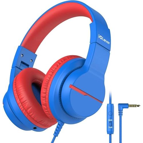 iClever Kids Headphones for School Travel, Safe Volume Limited, HD Mic Stereo Sound Over-Ear Girls Boys Headphones for Kid, FunShare Foldable 3.5mm Wired for iPad Computer, HS19