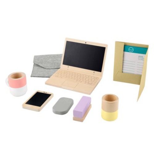 Fisher-Price Wooden Work From Home Set, Pretend Office Playset with Wood Laptop for Kids, 9 Pieces