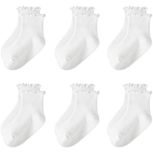 Toddler Girls Ruffle Socks: 6 Pairs Cute Frilly Non Slip Baby Socks