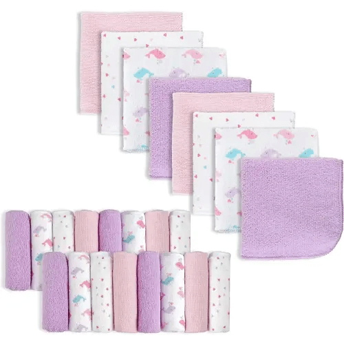 softan Baby Washcloths, 24Pack Baby Wash Cloths Extra Soft & Ultra Absorbent, Baby Towels and Washcloths Face Towel Unisex for Boys Girls Body, Washclothes Gentle on Sensitive Skin, 9x9 Pink Whale