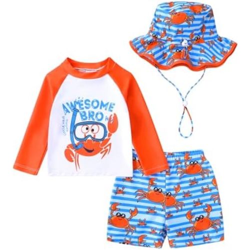 Toddler Baby Boy Swimwear Long Sleeve Rashguard Swimsuit with Sun Hat Cartoon Animal Bathing Suit