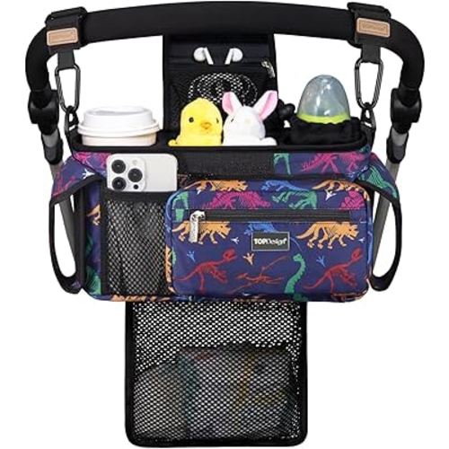TOPDesign Universal Baby Stroller Organizer, Stroller Caddy with Detachable Mesh Bag & Heightened Insulated Cup Holders & Non-Slip Secure Hooks Accessories, Fits Most Strollers (Dino Fossils)