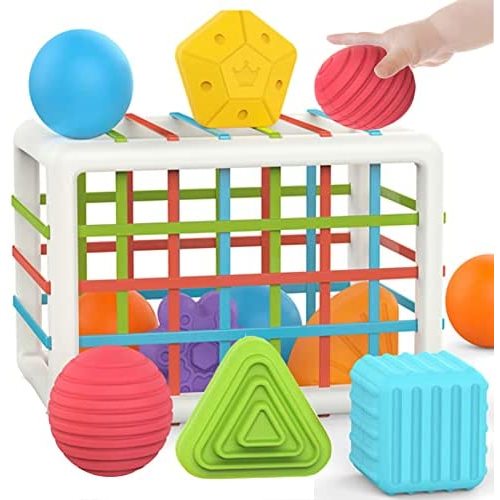 MINGKIDS Baby Toys 6-12-18 Months,Montessori Toys for 1 Year Old,Baby Sorter Toy Colorful Cube and 12 Pcs Multi Sensory Shape,Developmental Sensory Toys for Girls Boys Gifts Age 1 2