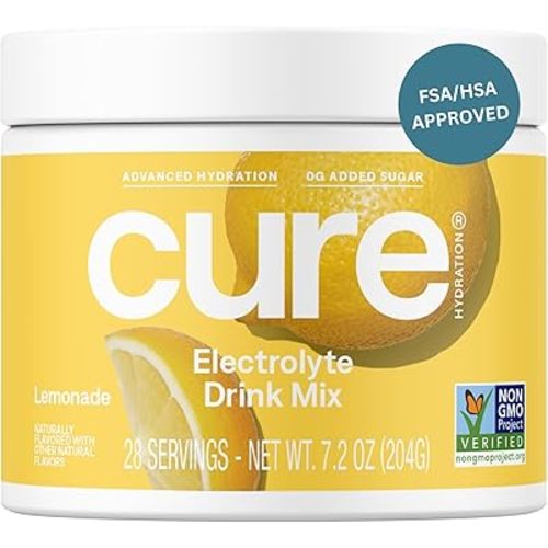 Cure Hydration | Plant-Based Electrolyte Drink Mix | No Added Sugar | FSA & HSA | Dehydration Relief Powder Made with Coconut Water | Non-GMO | Vegan | 28 Servings Jar - Lemonade