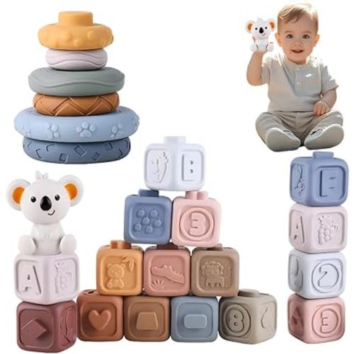 2 in1 Soft Stacking Building Blocks Rings Sets,Montessori Toys for Babies 6 12 18 Months,Early Learning Toys 06-12 Months and Squeeze Stacker and Soft Teething Toys for Babies