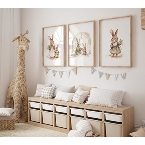 DOLUDO Bunny Nursery Wall Art Set of 3 Prints Woodland Animals Poster Painting Artwork for Kids Room Nursery Decor Ready To Hang