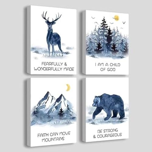 Forest Animals Bible Verse Canvas Wall Art ， Inspirational Quote Wall Art， suitable for Kids Room,Playroom Nursery Decor | 4-pack(29 x 38 cm) Framed c