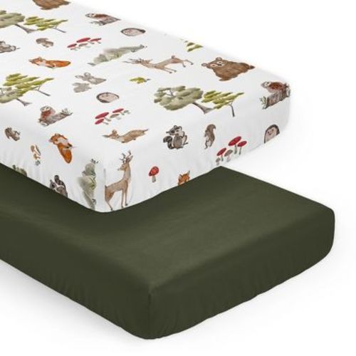Sweet Jojo Designs Boy Girl Gender Neutral Unisex Fitted Crib Sheets Set Watercolor Woodland Forest Animals Green Brown White 2pc