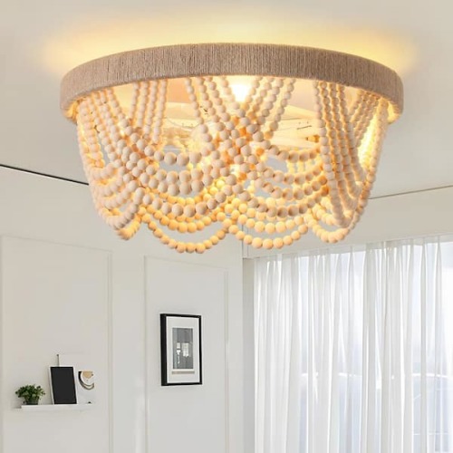 11.5 in. 4-Light Indoor Wood Boho Ceiling Fan with Light Kit and Remote Control Wood Beaded Flush Mount Ceiling Fan