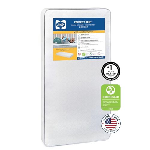 Sealy Baby Perfect Rest Waterproof Crib Mattress plus Toddler Bed Fit, Premium 150 Extra Firm Coils, Non Toxic, Airy Cushioning, GREENGUARD Gold Certified, Safety & Quality Tested, Made in USA, 52X28"
