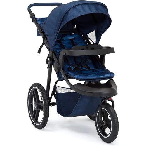 babyGap Trek Jogging Stroller - Lightweight Jogging Stoller with Extendable Canopy & Reclining Seat - Includes Car Seat Adapter - Made with Sustainable Materials, Navy Camo