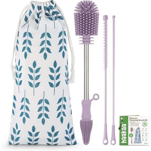 haakaa Silicone Cleaning Brush Kit - Baby Bottle Brush Cleaner for Breast Pump,Nipple,Breast Milk Storage Bag,Reusable Straw,Sippy Cup - Food Grade Silicone Bristles, Portable - 3 Pcs - Lavender