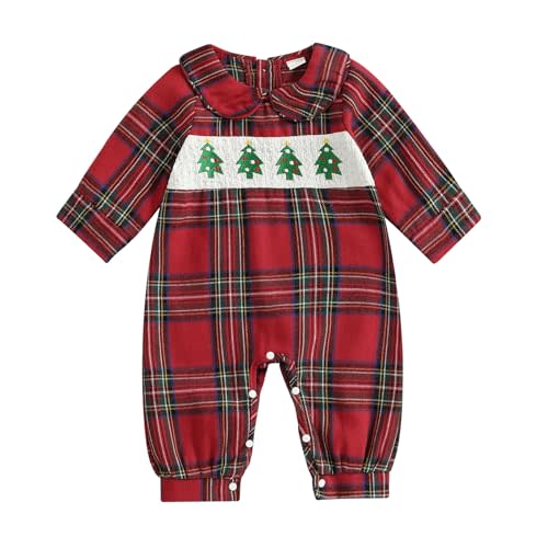 AUJUBUY My First Christmas Baby Girl Outfit Christmas Tree Onesie Plaid Doll Collar Romper Smocked Fall Winter Clothes