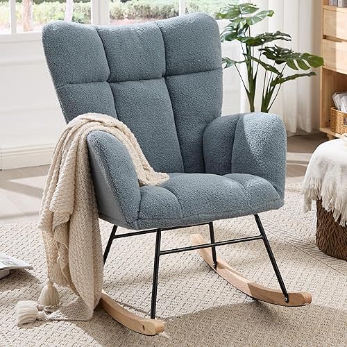 Nursery Rocking Chair, Teddy Upholstered Glider Chair with High Backrest, Tufted Rocker Glider Chair with Thick Cushion, Cozy Rocking Armchair, Rocker Padded Seat for Bedroom(Blue)