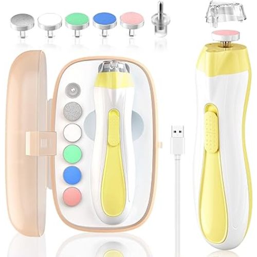 Baby Nail File Electric Baby Nail Care Set with LED Light, Baby Nail Clipper Electric for Newborn/Infants/Adults Toenails and Fingernails, 7 Grinding Head Replacement Pads, Beige
