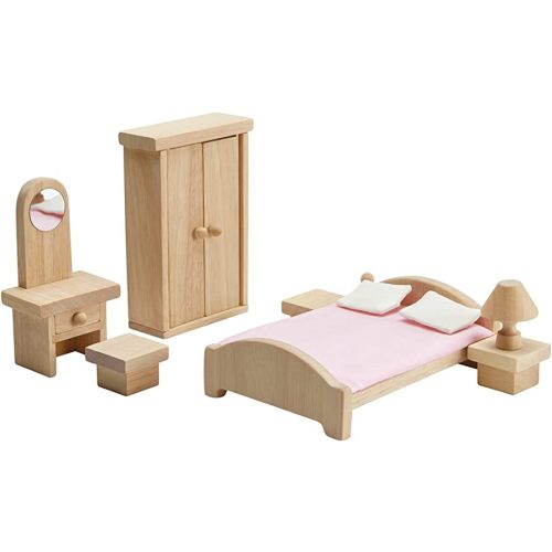 PlanToys Wooden Classic Line of Dollhouse Furniture- Parent's Master Bedroom Set (9016) | Sustainably Made from Rubberwood and Non-Toxic Paints and Dyes | PlanNatural Classic Wooden Toy Collection