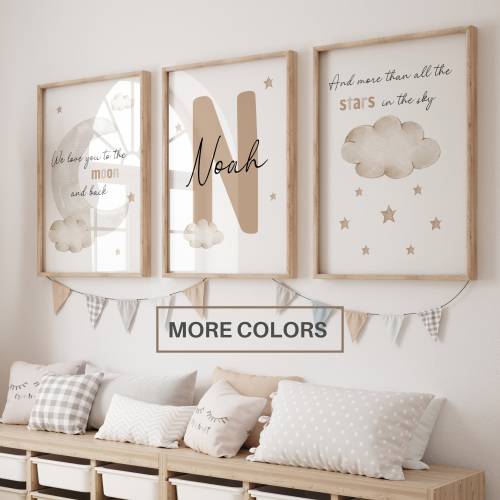 Set of 3 Custom name nursery wall art print&#39; Love you to the moon&#39; quote print, Personalised name sign Initial, Neutral Nursery Decor, Cloud