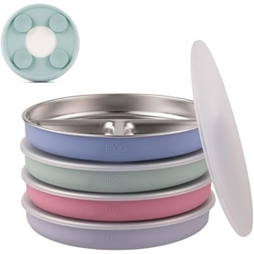 Elk and Friends Stainless Steel Divided Plates with Silicone Sleeve for Babies & Toddlers | Lids Included | Stay Put Suction | Dinner & Snack Plates | 4 Pack