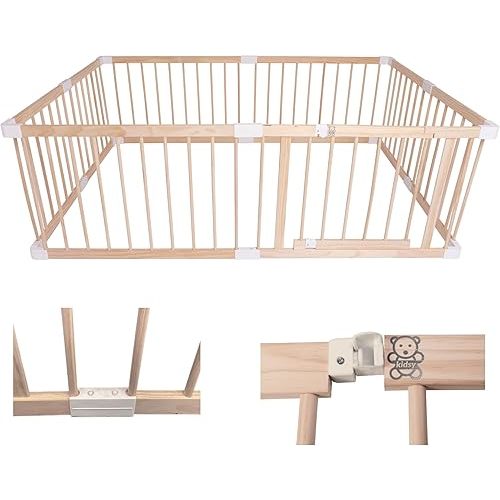 Neutral Wood playpen for Babies and Toddlers,Dog or Puppy gate,Indoor & Outdoor Kids Activity Center,Infant Safety Gate Play Yard.Large 4' x 6' Baby gate 180cm x 120cm.NO Tools Needed.