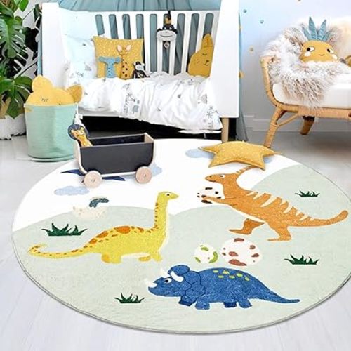 Dinosaur Kids Rug 4Ft Round Animal Playmat Soft Dino Bedroom Carpet for Boys Girls Playtime Rug Mat Nonslip Area Rug Children Playroom Rug Washable Nursery Rug Dinosaur Decor, Grassland