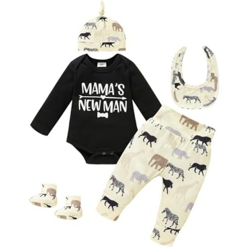 GRNSHTS Newborn Baby Boy Clothes Letter Print Romper+Animal Pants+Mouth watering towel+Socks With Hat Coming Home Outfits