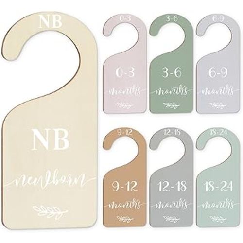 Whaline 7Pcs Terrazzo Wood Baby Closet Size Dividers with White Velvet Bag Newborn to 24 Month Thicken Infant Wardrobe Hanger Organizers for Home Nursery Party Supplies