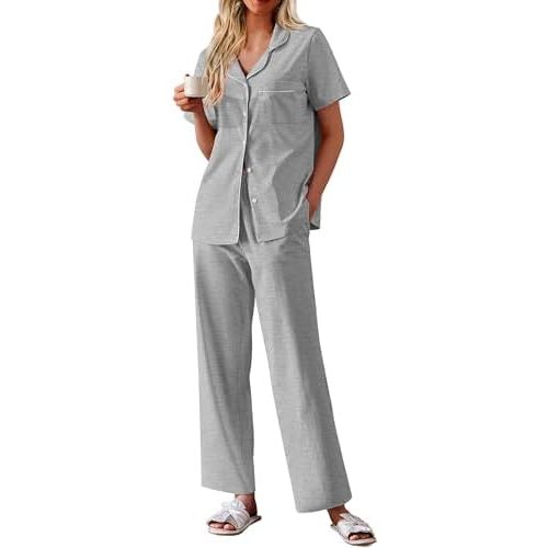 Ekouaer Women's 100% Cotton Pajamas Set Short Sleeve Button Down Pjs 2 Piece Soft Sleepwear with Long Pants Lounge Set