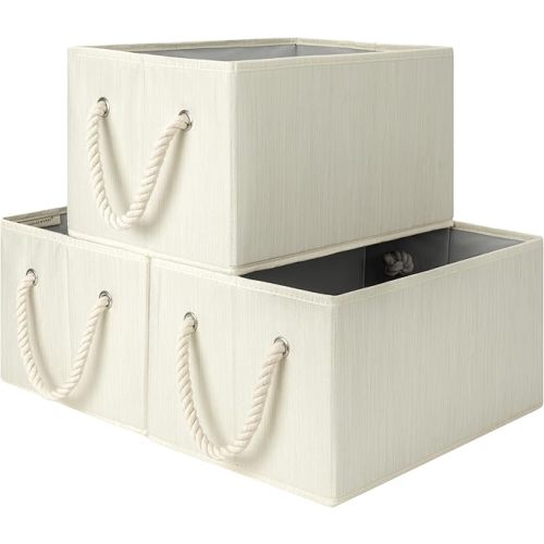 StorageWorks Large Storage Baskets for Organizing, Foldable Storage Baskets for Shelves, Fabric Storage Bins with Handles, Beige, White & Ivory, 3-Pack