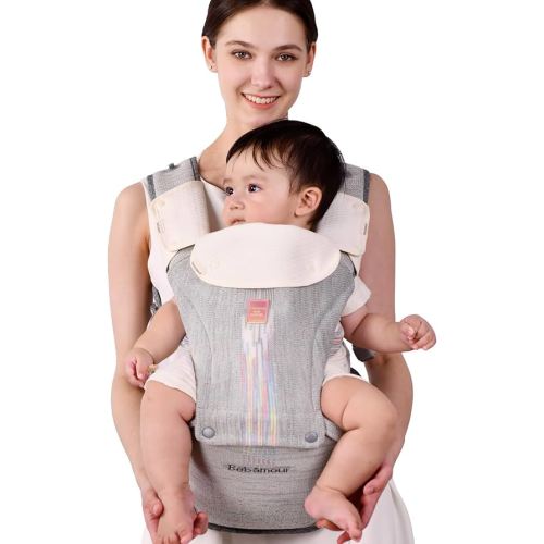 Bebamour Knit Baby Carrier Newborn to Toddler with Hip Seat Baby Carrier Front and Back Carry Carrier with Head Hood & 3 Pieces Teething Pads (Grey)