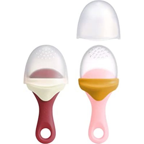Boon Pulp Silicone Baby Fruit Feeder - Soft Silicone Baby Feeding Set - Fruit and Vegetable Baby Led Weaning Supplies - Baby Feeding Essentials - Orange/Mauve and White/Mauve- 2 Count
