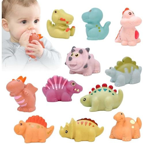 Baby Bath Toy, 11PCS Mold Free Silicone Bathtub Toy Set, Soft Jurassic Dinosaur Toy,Chewable Animal Teether Floating Play, Educational Learning Skill Bathroom Toy for 6m+