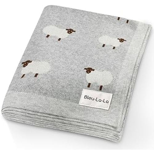 Knit Baby Swaddle Blanket - 100% Cotton Soft Cozy Lightweight Unisex Receiving Swaddling Crib Stroller Quilt Blanket for Shower Gift Registry for Newborns Infants & Toddlers (Sheep - Grey)